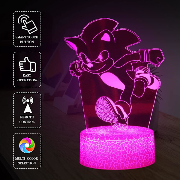 3D Sonic The Hedgehog Animelampa, Fjärrkontroll med 16 Färgväxlande Rum Dekoration Nattlampa Födelsedag Julgåvor för Barn, Pojkar, Flickor