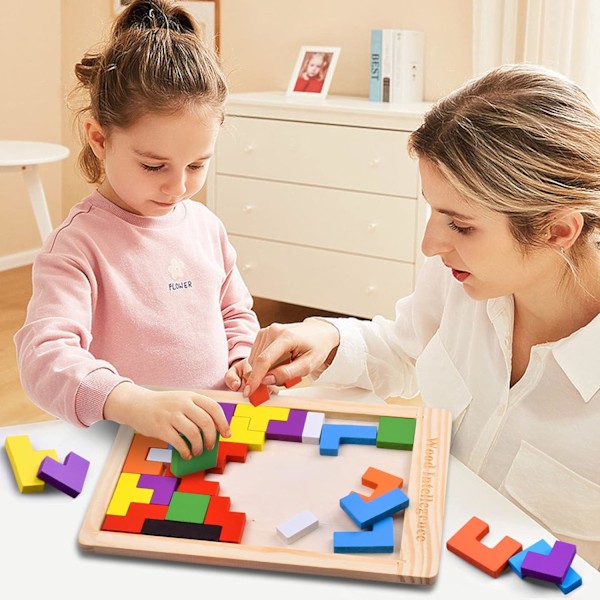 Träpussel för barn i åldrarna 4-8 8-10 Tjocka färgglada 3D-block och hjärnteaser Tangram Jigsaw Intelligensspel Pedagogisk gåva