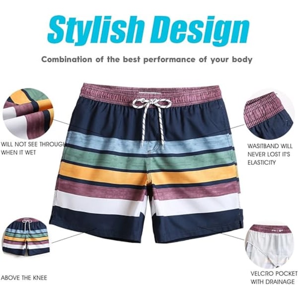 Herrebadebukser 7 Tommers Hurtigtørrende Trykte Shorts med Nettfôr Badetøy Badedrakter 4 Navy Blue L