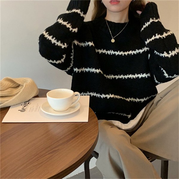 Randig tröja Dam Rund Hals Långärmad Pullover Tröjor Höst Vinter