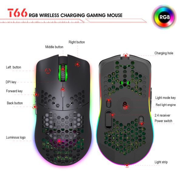 Letvægts trådløs gamingmus, genopladelig computermus med honeycomb-skal, LED-lys, 4 justerbare DPI, 2,4 GHz