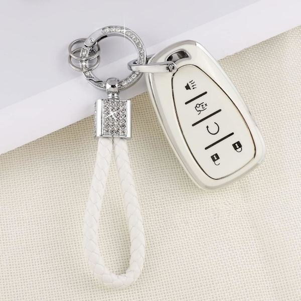 Nyckelringsskydd för Chevy Keychain Bling Vit Silver TPU 5 Knappars Bilnyckelfodral Skal Skydd för Chevrolet Equinox Traverse Blazer Trailblazer