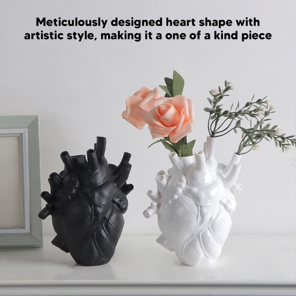 Hjerteformet vase - dekorativ, moderne harpiks, utsøkt blomsterpotte for hjem, kontor, soverom, bryllup Black
