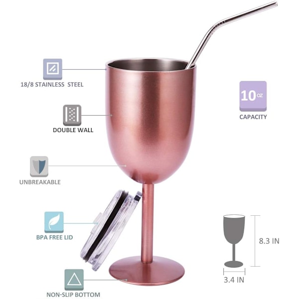 Vinglas i rostfritt stål. Dubbelväggiga vakuumisolerad vinglas med lock och sugrör. Vänskap, jul, födelsedagspresenter till kvinnor och män F Rose Gold 1