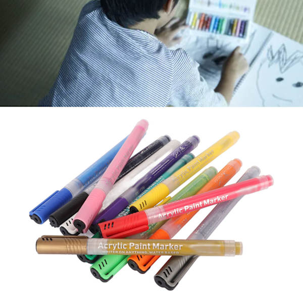 12 färger akrylfärgpennor för studenter, vattentäta, snabbtorkande, fiberpenna, fiberpenna för sten, tyg, glas, trä