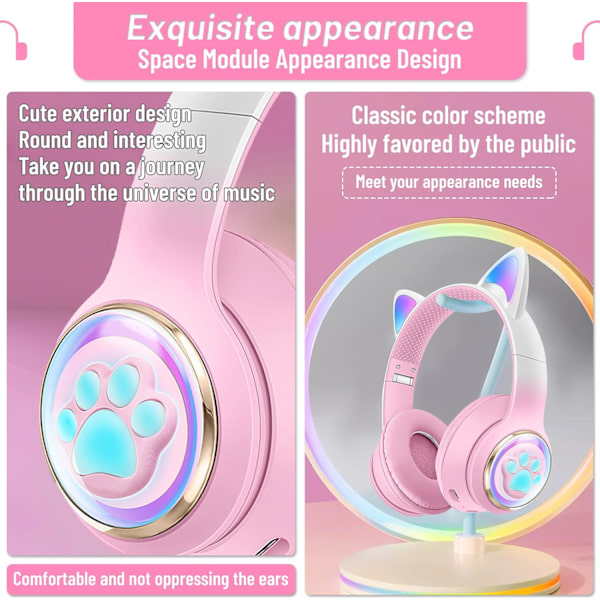 Bluetooth-hodetelefoner for barn, søte ørekatteører LED-lys opp sammenleggbare hodetelefoner Stereo Over Ear med mikrofon/TF-kort Trådløse hodetelefoner for iPhon Soft Pink
