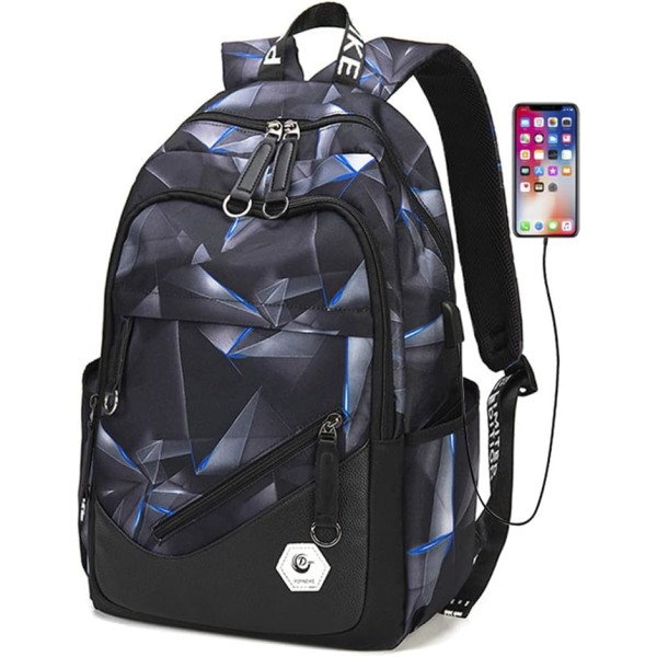 Skolryggsäck för tonårspojkar Laptop Bookbag Barn Skolväska för grundskolan Black+blue Style B-No USB Port