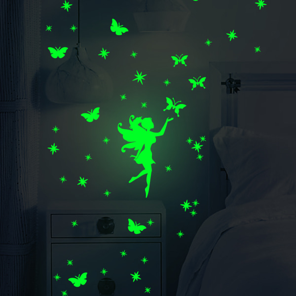 Ljusstarka DIY väggklistermärken grön älva ängel stjärna fjäril väggdekal sovrum vardagsrum dekorationer barn väggdekaler