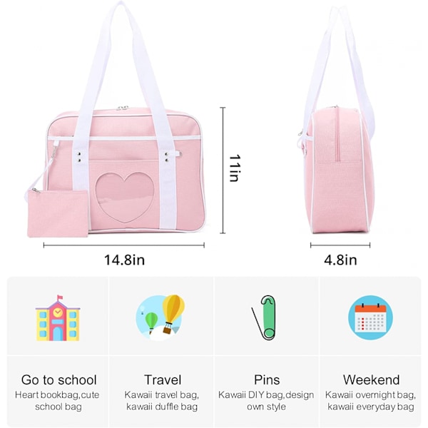 AVEKI Ita Bag Hjärta Japansk Skolväska Stor Anime Axelväska Kawaii Handväska för Kvinnor, Rosa