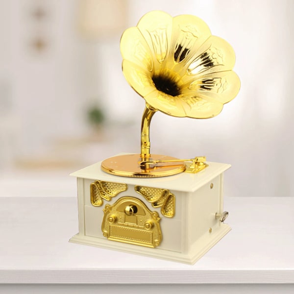 Retro Grammofon Musikbox Klassisk Grammofonspeldosa Musikbox för Hemskrivbordet Musikalisk Dekoration White