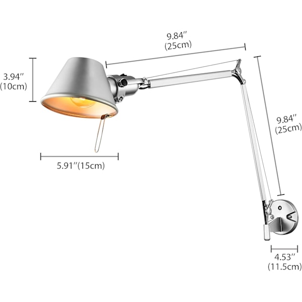 Vägglampa med tre färger, variabel belysning, lång svängarm, utdragbar vägglampa med justerbart huvud, silver, liten