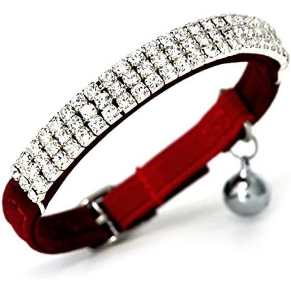 Soft Velvet Safe Cat Adjustable Collar Bling Diamante with Bells,11 inch for Small Dogs and Cats (Red)