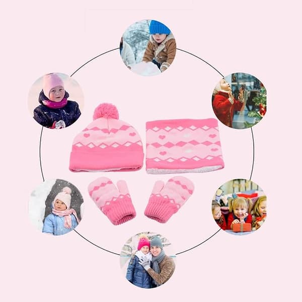3-delad varm vinterdräkt för barn - unisex-vänlig mössa utan kant, halsduk och handskar, ullfoder, lämplig för 2-4 år pink