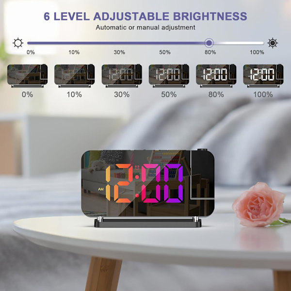 Projektionsväckarklocka, 7-tums RGB digital väckarklocka med 10-färgad nattlampa, digitala klockor Projektion på takvägg 180° roterbar, 6-nivå B white
