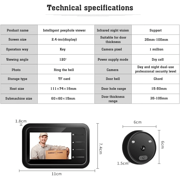 2,4-tommers LCD-skjerm WiFi digital videodørklokke trådløs skjerm dørviser kikkhullkamera sett med nattsyn/foto, etc.