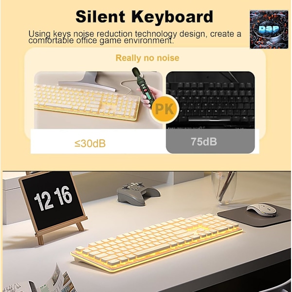 Bakgrundsbelyst Trådlöst Tangentbord och Mus, Tyst Inmatning, Sömnläge, 2.4G Laddningsbart Datortangentbord och Optisk Musuppsättning för Laptop PC Milky+warm light