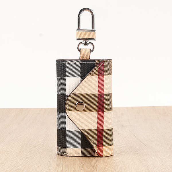 Dame Læder Bilnøgleholder Taske, Herre Nøglering Etui Tegnebog med 6 Loop Kroge Nøglering Taske (beige)