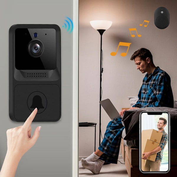Trådlös dörrklocka med kamera och ringsignal, WiFi-videodörrklocka för hem, inomhus, utomhus, övervakning, 2-vägs ljud, mörkerseende