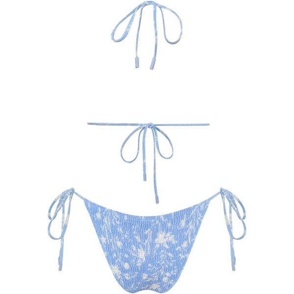 WJSM Dam Triangle Bikini String Baddräkt Tryck Tie Smocked Ruched Tvådelad Baddräkt Set Sky Blue M