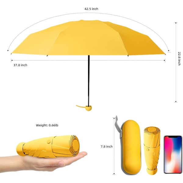 Rejse Paraply - Mini Sammenfoldelig Kompakt Paraply med Etui, 8 Ribber Letvægts Bærbar Paraply, Lille Sol & Regn Lommeparaply til Piger og Kvinder Yellow