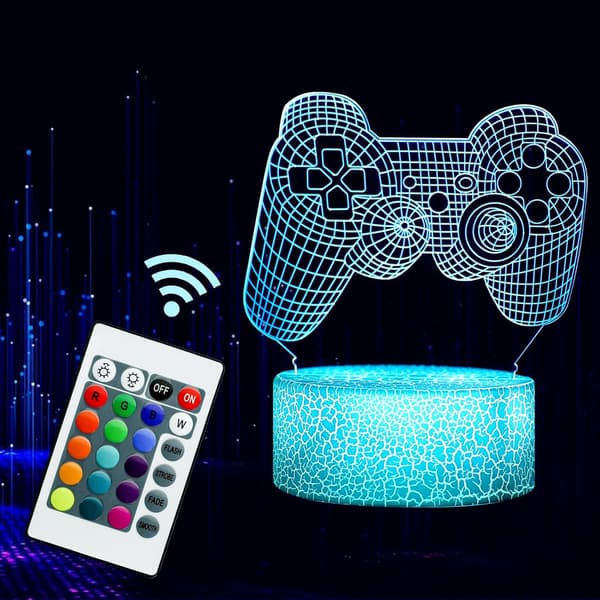 Gamepad 3D Illusionslampe, 3D nattlys for gutter med fjernkontroll USB-kabel fargeendrende lys for seng stue spillrom