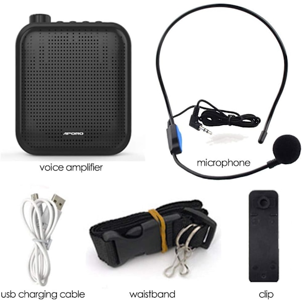Stemmeforsterker 12W Oppladbart PA-system (1200mAh) med Ledningsmikrofon for Lærere, Trenere, Turguider og Mer (Svart)