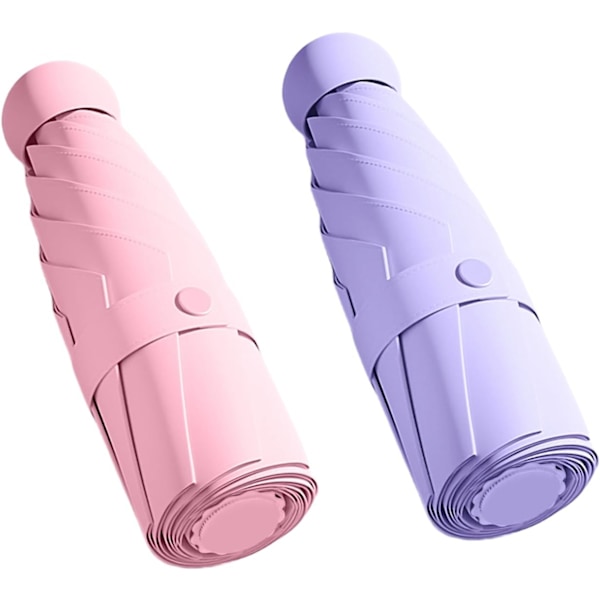 Reiseparaply - Mini sammenleggbar kompakt paraply med etui, 8 ribber lett bærbar paraply, liten sol- og regnparaply for jenter og kvinner 2 Pack Pink & Purple