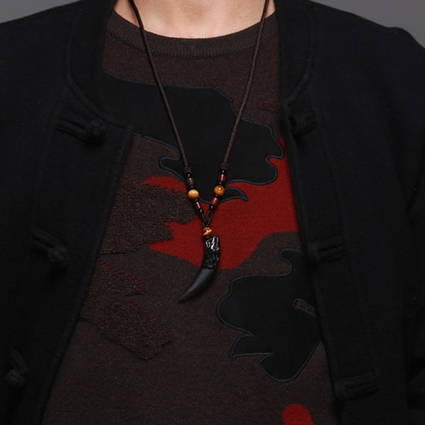 Svart Obsidian Enkel Stil Varg Tand Halsband Naturlig Sten Healing Kristall Hänge med Snöre Unisex