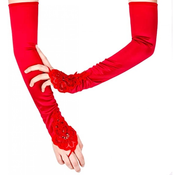 Sormettomat pitkät käsineet Lävistetty kyynärpää Satiinikäsineet 19 tuumaa joustavat oopperailtaiset 1920-luvun naisten käsineet, punainen