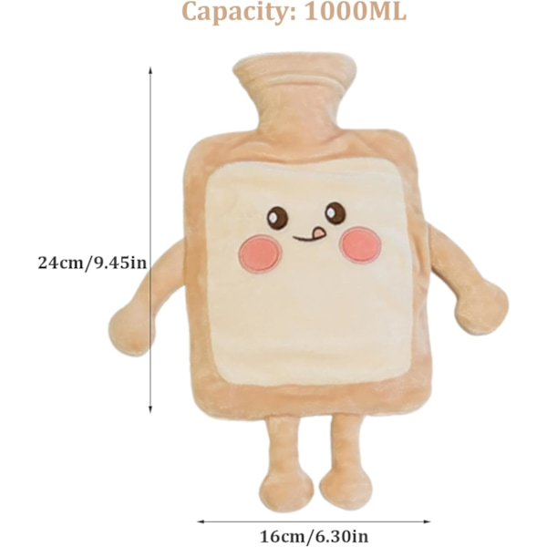 Varmtvannsflaske 1000ML Varmtvannspose Varmepakke med søt Toastbrød Plussdeksel Stor Gummi Varmtvannsflasker Håndvarmer Gave
