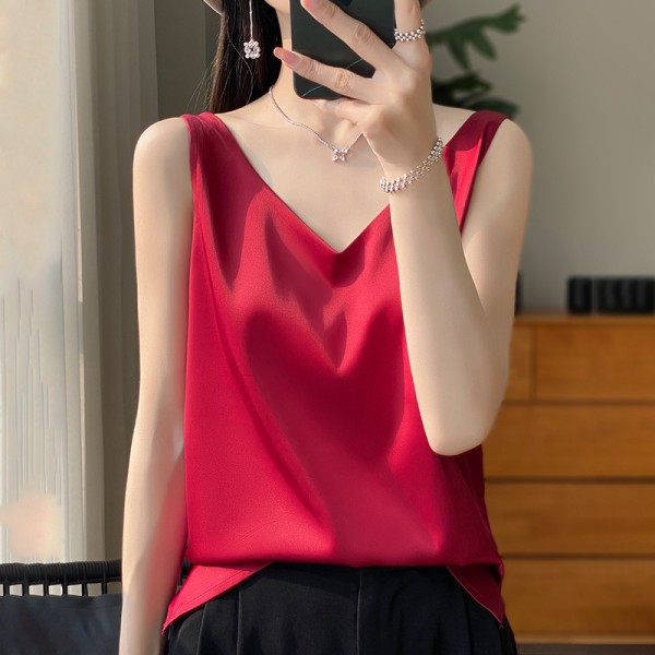 Silkeslen axelbandsväst för kvinnor 2024 sommar ny slim-fit V-ringad kort elegant inre topp T-shirt Burgundy XXXL
