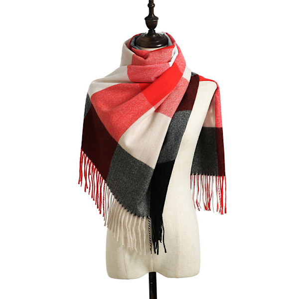 Dametørklæder Vinter Lang Blød Varm Tartan Check Wraps Uld Spinning Kvast Sjal Stole Tørklæde Damer, Rød og Sort