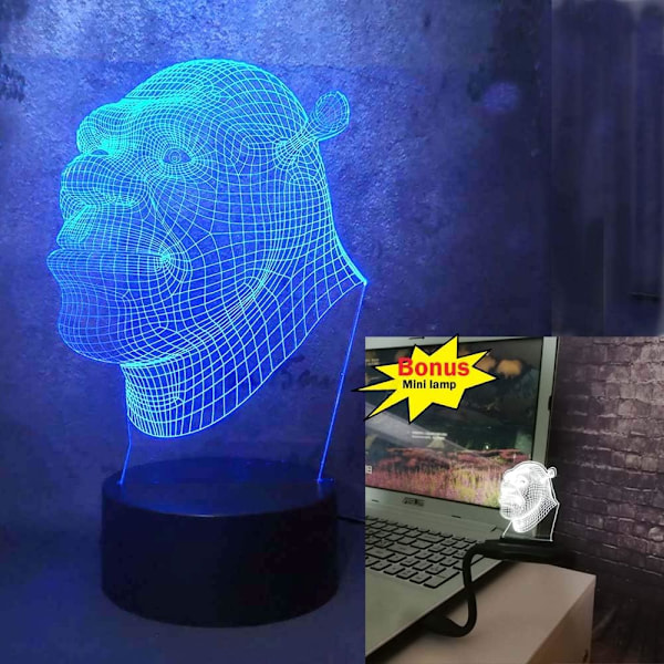 3D Shrek LED nattlys med 7 fargeendringer, fjernkontroll, USB-base, batteridrevet, skrivebordslampe, optisk illusjon, nattlys, hjemmedekor, gutt, barn, barn