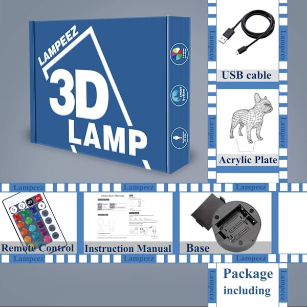 3D Fransk Bulldog Nattlampa, 16 Färger Växlande Optisk Illusionlampa med Fjärrkontroll Födelsedag Jul Alla Hjärtans Dag Present Idé för Småbarn Pojkar Flickor