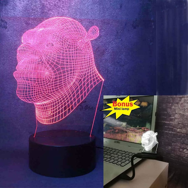 3D Shrek LED nattlys med 7 fargeendringer, fjernkontroll, USB-base, batteridrevet, skrivebordslampe, optisk illusjon, nattlys, hjemmedekor, gutt, barn, barn