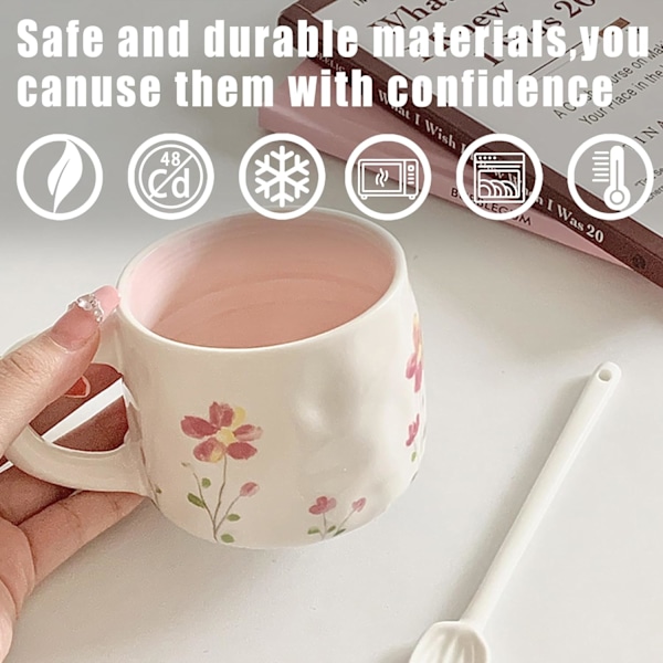 Rosa Blomster Kaffe Kanne Tekopp Søt Og Delikat Håndmalt Mønster Egnet For Jenter Tykk Keramikk 8oz