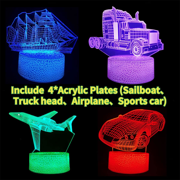 3D Bil Nattelys, 16 Fargeendringer, Justerbar Fjernkontroll/Smart Berøring, 4 stk 3D Hologram Illusionslampe, Sportsbil USB-lys (Reiseverktøy)