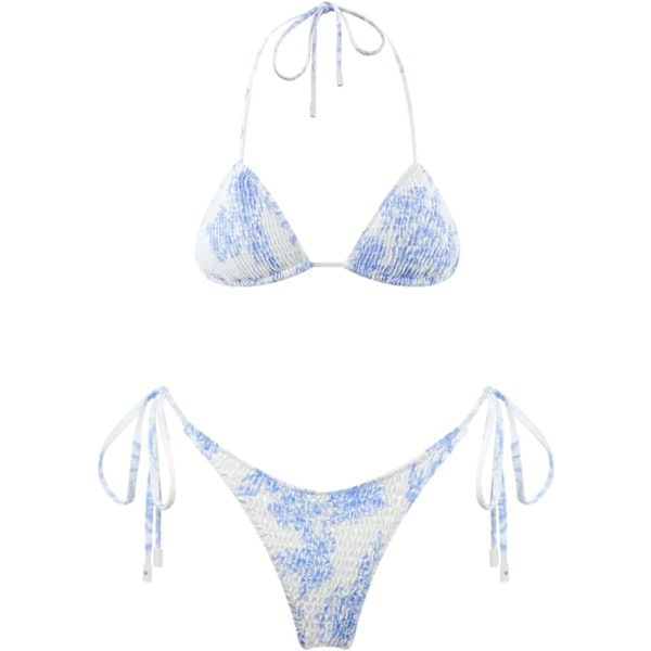 WJSM Damtriangel Bikini String Baddräkt Print Tie Smocked Ruched Tvådelad Baddräkt Set Light Blue L