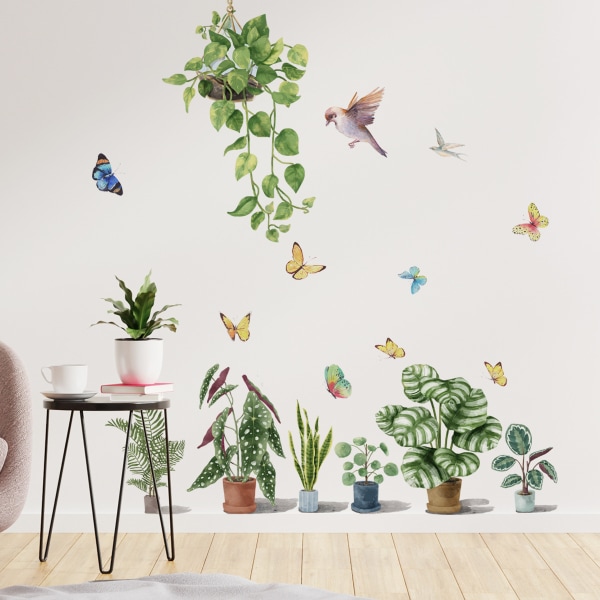 Seinätarra Seinämaalaus Vihreät kasvit Kukkaruukku Perhoset Seinätarrat Olohuoneen Makuuhuoneen Sisustus Tarratapetti