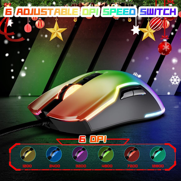 Trådløs Spillmus, RGB Spillmus, 12800 DPI Programmerbar Ergonomisk PC Spillmus med Kule Lyseffekter 7 Knapper