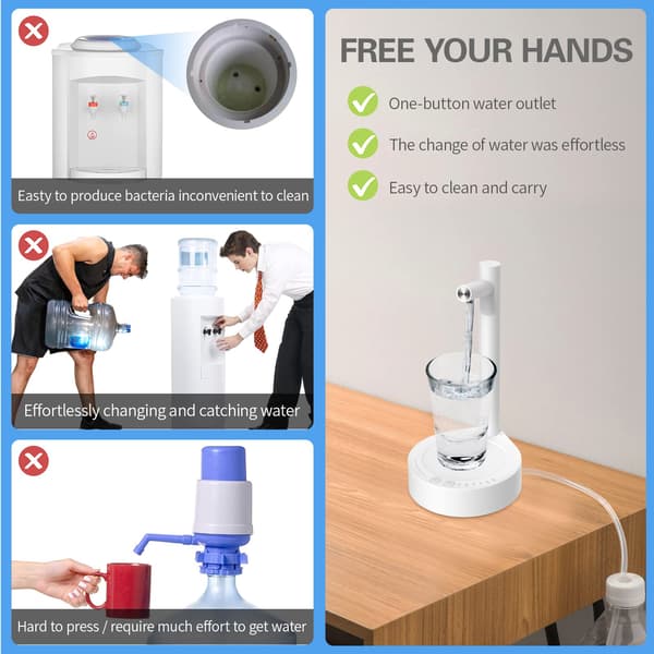 USB-C Portabel Vattendispenserpump, One-Touch Automatisk Flöde för 5 Gallon & Standardflaskor, Kompakt Skrivbordsdesign för Sängbord, O White