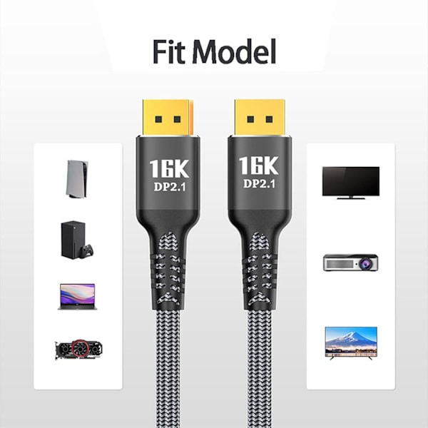 1,5 m DisplayPort 2.1 16K@30Hz 10K@60Hz skjermkabel for profesjonell spilling og videoredigering - Sterk kompatibilitet