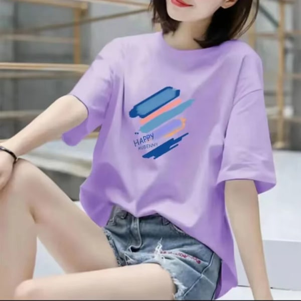 Bomull T-shirt med korta ärmar Kvinnors sommar Ny regnbåge Graffiti tryck Halv ärm T-shirt Purple S