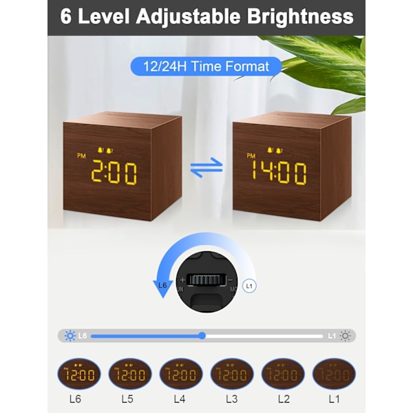 Digitalt vækkeur, med elektronisk LED-tidsvisning i træ, dobbelt alarm, 2,5-tommer kubisk lille mini træfremstillet elektrisk ur til soveværelse, sengebord, Brown