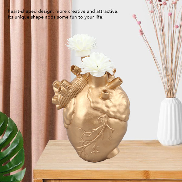 Kreative anatomiske hjertevaser i harpiks, skulptur i hjerteform, kunstneriske blomstervaser, skrivebordsdekorasjon for stue Gold