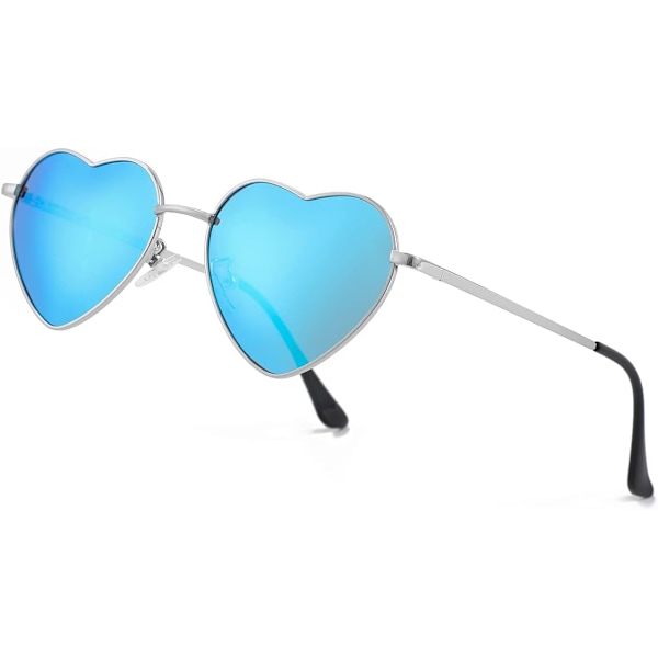 Polariserede hjerteformede solbriller til kvinder - Fashion Lovely Style Metal Frame UV400 beskyttelsesglas Silver Blue Mirror 54 Millimeters