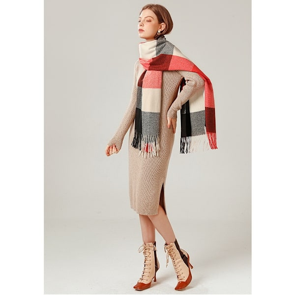 Dames Sjaal Winter Lang Zacht Warm Tartan Check Wraps Wol Spinnen Kwastje Shawl Stola Sjaal Dames, Rood en Zwart