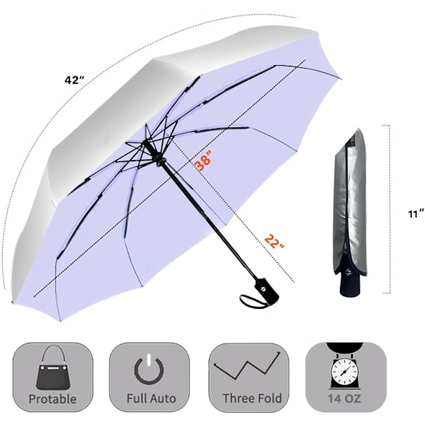 Vindafvisende rejse kompakt paraply - Automatiske paraplyer til regn - Kompakt folde paraply, rejse paraply kompakt, små bærbare vindafvisende paraplyer Silver/Purple 42 Inch-1 Pack