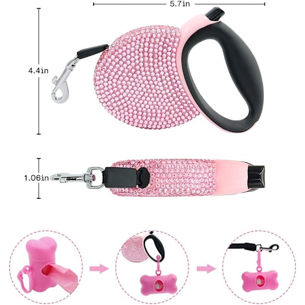 Rhinestone Retractable Hundkoppel Bling 10ft, Kattpromenadkoppel Rosa för Små Ras, Present Avfallspåsar Dispenser Ingår, 360° Trasselfri Medium