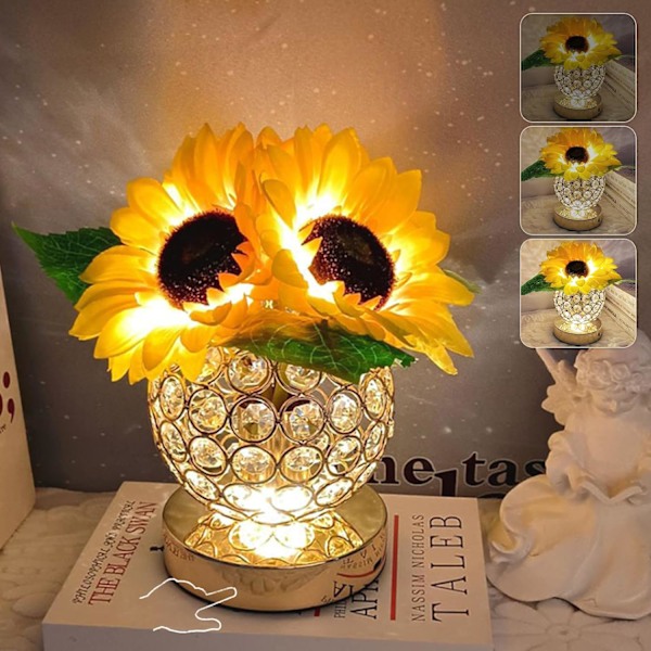 Solrosbordlampa, Uppladdningsbar Sladdlös Liten Skrivbordslampa, 3 Färger Dimbar Konstgjorda Blommor Nattlampa, Falsk Bukett 3 Huvuden med Kristallvas